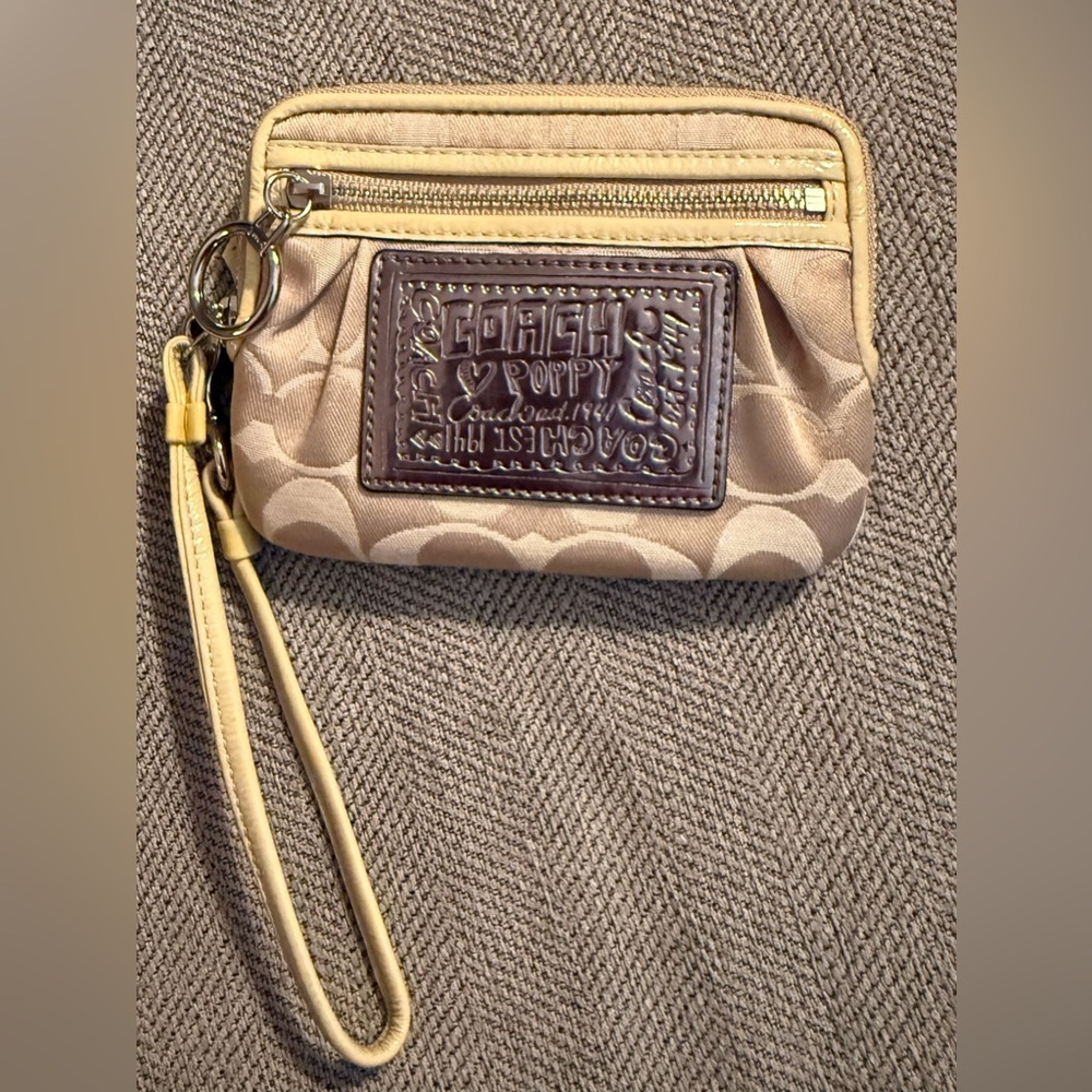 Coach Poppy Beige Wristlet with Dark Silver Patch